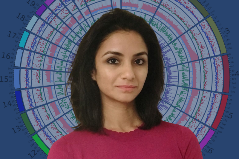 Bhavana Harshaw head and shoulders against background of COSMIC genetic wheel