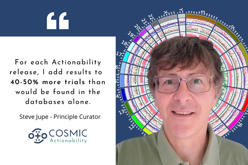 Steve on a background of COSMIC genomics wheel with quote that says, &#x27;For each Actionability release, I add results to 40-50% more trials than would be found in the databases alone.png